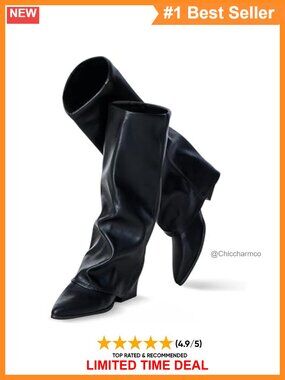 Faux Leather Knee High Boots Pointed Toe Block Heel Fold Over Wide Calf
